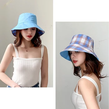 Mujeres De Viaje Al Aire Libre Sombrero De Sol Cap Sombreros Versión Coreana De Algodón De Doble Cara A Cuadros Cubo Sombrero De Pescador Sombrero