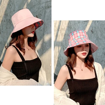 Mujeres De Viaje Al Aire Libre Sombrero De Sol Cap Sombreros Versión Coreana De Algodón De Doble Cara A Cuadros Cubo Sombrero De Pescador Sombrero