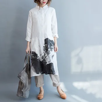 2020 El Otoño De Moda Más El Tamaño De La Camisa De Vestir De Las Mujeres Chinas Estilo Casual Vintage Larga De Lino Vestido De Mujer Elegante Blusa Oversize Superior