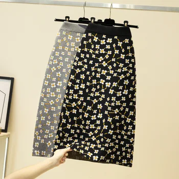 2020 Otoño Invierno Jacquard coreano Punto de la Bolsa de Cadera Falda Midi falda Larga de las mujeres Slim parte Inferior de Una línea Casual Vintage Falda Lápiz