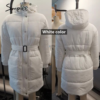 Simplee de Moda blanco banda de la cintura de las mujeres abrigo de invierno Elegante v-cuello largo de algodón de mujer parkas Causal abrigo con gorro 2020