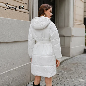 Simplee de Moda blanco banda de la cintura de las mujeres abrigo de invierno Elegante v-cuello largo de algodón de mujer parkas Causal abrigo con gorro 2020