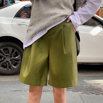 Los Botones de la espalda de S-3XL Moda de la PU de Cuero de los pantalones Cortos de la Mujer Otoño Invierno Nueva 2019 Suelta a Cinco Puntos del Cuero de los Pantalones de Tamaño Más Cortos