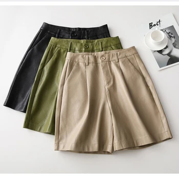 Los Botones de la espalda de S-3XL Moda de la PU de Cuero de los pantalones Cortos de la Mujer Otoño Invierno Nueva 2019 Suelta a Cinco Puntos del Cuero de los Pantalones de Tamaño Más Cortos