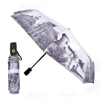 Automática de Tres plegable a prueba de viento Soleado y Lluvioso Paraguas Sombrilla de Arquitectura de la Pintura de la Mujer a los Hombres de la Vendimia Paraguas de la Lluvia