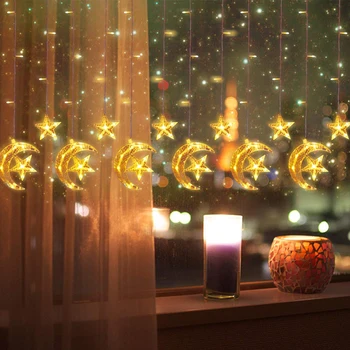 Funciona con batería de 2,5 M de Navidad LED Cadena de luces de Hadas Romántico luna estrella de la cortina de luz de Ramadán de la Boda de Año Nuevo Fiesta de las luces