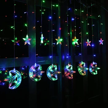 Funciona con batería de 2,5 M de Navidad LED Cadena de luces de Hadas Romántico luna estrella de la cortina de luz de Ramadán de la Boda de Año Nuevo Fiesta de las luces