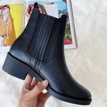 Nuevo 2020 Cuadrado Negro Tacones Botas Chelsea Mujeres Banda Elástica en el Tobillo Botas para Mujer Primavera Otoño Suave de los Zapatos de Cuero Mujer