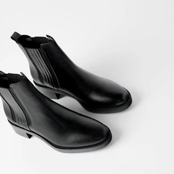 Nuevo 2020 Cuadrado Negro Tacones Botas Chelsea Mujeres Banda Elástica en el Tobillo Botas para Mujer Primavera Otoño Suave de los Zapatos de Cuero Mujer