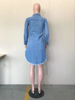 Arrancó El Agujero De La Borla Del Dril De Algodón Blusa De Vestir A La Mujer Sola Breated Irregular Azul Vestido Corto De 2020 Otoño De La Moda De Nueva Bolsillos Streetwear