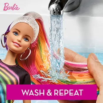 Barbie arco iris Brillar el Cabello de la Muñeca con Extra-Largo y Rubio arco iris Cabello, Brillo y Gel de Peinar y Peluquería Accesorios FXN96