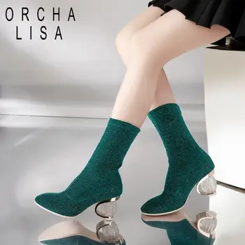 ORCHA LISA de las Mujeres Botas de Glitter Calcetín Botas Ronda de Tacón Mujer, zapatos de Tacón Alto Botas Transparente Botas de Tobillo Elástico botas Botas mujer