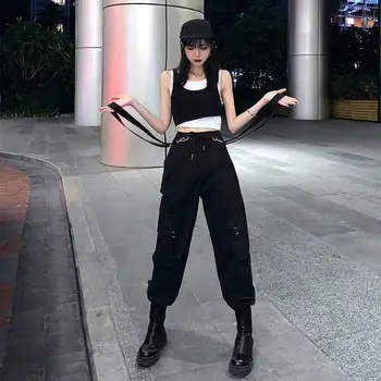 QWEEK Goth Pantalones de Carga de las Mujeres Punk Más el Tamaño de los Pantalones de Harajuku Pantalones de Cintura Alta de gran tamaño Correa Desmontable Sueltos Pantalones Casuales Emo