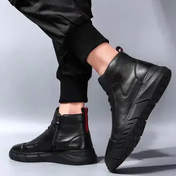 Hombres Botas de Nieve de los Hombres Durable TPR Suela de los Zapatos de Cuero de los Hombres 2020 de la Moda Nueva Corto Felpa Cálida Piel de Botas de Invierno Botas de Hombres