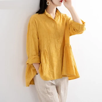 La primavera de Corea las Mujeres de la Moda de Manga Larga Suelta Amarillo Camisetas de Algodón Blusas Mujer todos emparejados Casual Blusas Plus Tamaño S693