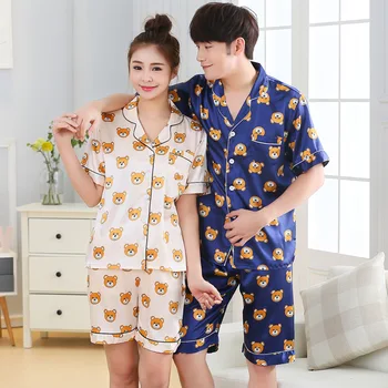 BZEL Parejas Conjunto de Pijama de Manga Corta + Cortos ropa de dormir Oso Dormir Raso de los Amantes de la Ropa de Verano Pijama Mujer Pijamas de las Mujeres