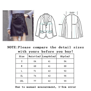SLLSKY Negro Irregular de la PU de la Falda Corta de las Mujeres de Otoño Nuevas Señoras de la Alta Cintura Falda de Una Línea Femenina de División de la Correa de Cuero Mini Falda