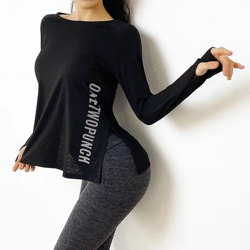 Señoras Yoga Deportes de Manga Larga T-Shirt de la Carta de la Impresión de secado Rápido, Suelto Lado Vendaje de Yoga funcionamiento de Gimnasio O-cuello de la parte Superior de Deportes