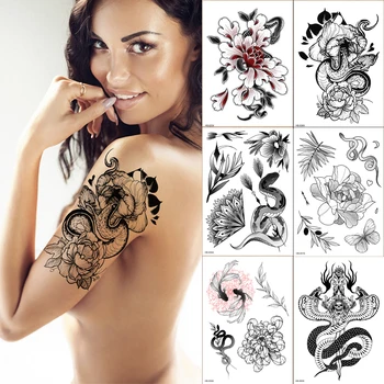6pcs/set de tatuajes mujeres cuerpo pegatinas de flores de la serpiente negra bocetos de diseños de tatuaje sexy falso agua tatuaje para mujer de atrás de la etiqueta engomada mucho