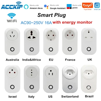 ACCKIP Tuya WIFI Smart Socket Inteligente Enchufe de la UE FR UK CH AU FR FR Italia Israel Enchufe 16A Adaptador de Viaje con la Energía de Sincronización del Monitor