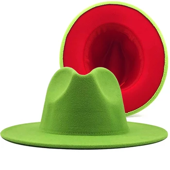 Verde rojo Retazos de Fieltro de Lana de Jazz Sombrero Fedora de las Mujeres Unisex de Ala Ancha Panamá Parte Sombrero de Vaquero Tapa de los Hombres Caballero de la Boda Sombrero
