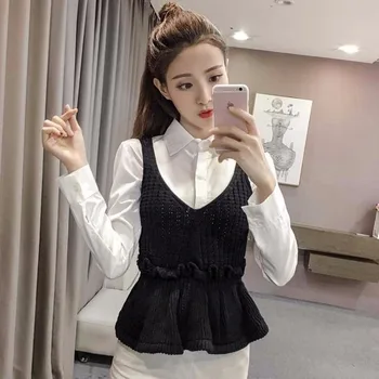 Celosía coreano de Color Sólido V-cuello Sleeveles Suéter de Punto Chaleco de Mujer Slim 2020 Otoño Invierno de la Hoja de Lotus Hueco Mujer Jersey