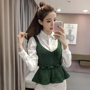 Celosía coreano de Color Sólido V-cuello Sleeveles Suéter de Punto Chaleco de Mujer Slim 2020 Otoño Invierno de la Hoja de Lotus Hueco Mujer Jersey