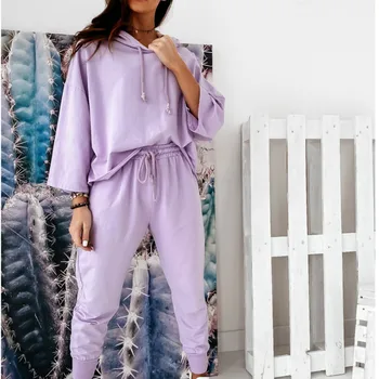 El otoño de las Mujeres con Capucha del Chándal de Streetwear Loungewear Púrpura Set 2PCS 2020 de la Moda de Primavera Sudadera + Pantalón Casa de ropa de dormir