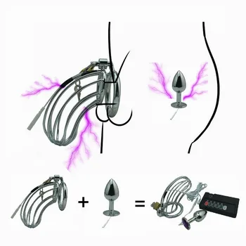 Electro shock conjunto de la castidad polla jaula SM servidumbre dispositivo de metal anal butt plug pene anillo de la estimulación eléctrica de juguete de sexo masculino para el hombre
