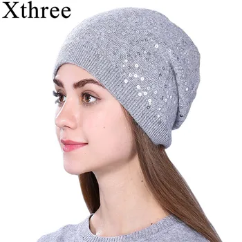 Xthree Mujeres de Cachemira invierno sombrero de punto para mujer sombrero Gorras Skullies Lentejuelas gorro de lana otoño niñas gorros de invierno