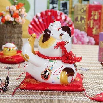 8 pulgadas de Cerámica Japonesa Gato de la Suerte Maneki Neko Gato de la Caja de Dinero de la Fortuna Gato FengShui Artesanías pieza Central de la Decoración del Hogar Encanto de Regalo