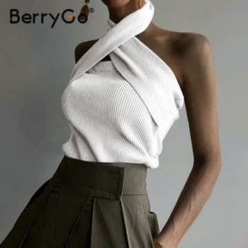 BerryGo cuello halter Sexy mujeres blusas Elegantes de punto de verano, blusas sin tirantes mujer 2020 Primavera sin Mangas de las señoras cami tops camisa