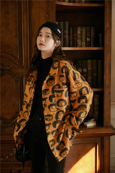 CHEERART Vintage Abrigo de Lana de las Mujeres 2020 Chaqueta de Tweed de color Naranja de Impresión Outwear Diseñador de Abrigos Y Chaquetas de Invierno