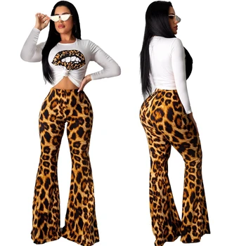 Otoño Casual de 2 piezas de Conjunto de Chándal de Mujer de Manga Larga Camiseta Crop Top y Pantalones Flare Leopard Set de Dos piezas de las Mujeres Conjuntos de Ropa