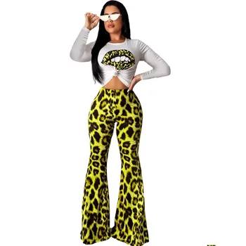 Otoño Casual de 2 piezas de Conjunto de Chándal de Mujer de Manga Larga Camiseta Crop Top y Pantalones Flare Leopard Set de Dos piezas de las Mujeres Conjuntos de Ropa