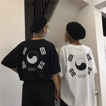 Corea Harajuku BF Impreso Camiseta de las Mujeres de los Hombres de Verano Ins Hip Hop Suelto Oversize de Camisetas de los Hombres Casual de la Camiseta de la Ropa de los Varones