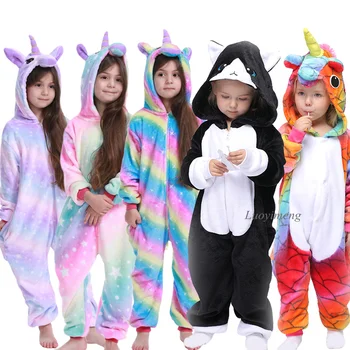 2020 Invierno Animal Unicornio Kigurumi Pijamas De Niñas Y Niños De Anime Panda Mono De Los Niños Ropa De Dormir De León Gato De La Licorne Enterizo Para Los Niños