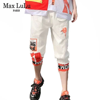 Max LuLu 2020 De Verano De La Moda De Corea Damas Arrancó Impreso Pantalones Vaqueros De Las Señoras De La Vendimia Elástica Harén Pantalones Blancos Sueltos Pantalones De Mezclilla