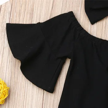 Niña 3PCS Verano Sunsuit Negro Crop Tops T-Shirt + Vendaje Leopard Agujero Demin Pantalones + Diadema de Algodón Trajes Conjunto de 1-6 años