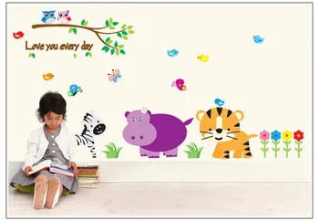 De dibujos animados de león mariposa búhos animal zoo etiqueta engomada de la pared de la habitación de los niños 9046 Selva salvaje decorativos vivero desmontable de pvc wall decal