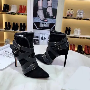 2020 Nueva Moda Primavera/Otoño de Cuero Genuino con Hebilla de Super Alta Punta del Dedo del pie de las Mujeres Botas de Lujo de los Zapatos de las Mujeres botas