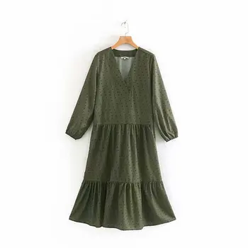 2020 Primavera Verano de la Nueva Impresión de Lunares verde del ejército zaraing las mujeres Vestido de sheining vadiming Vestido de mujer vintage, más el tamaño de XDN9152