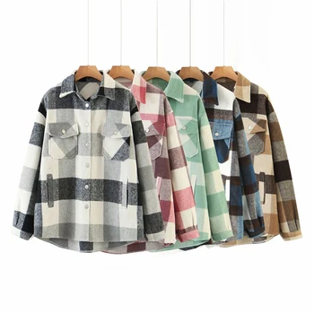 ZXQJ ropa de las mujeres de lana gruesa camisetas de 2020 otoño de la moda de las señoras camisa a cuadros femenino y chic oversize top casual niñas blusas