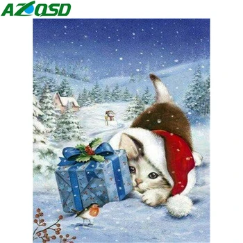 AZQSD Diamante Pintura de Navidad Gato de punto de Cruz Cuadrado Completo/Ronda de Perforación de Regalo Bordado de Diamantes Animal Nieve Mosaico hecho a Mano