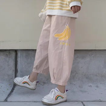 2 Colores Nuevos De Las Mujeres Japonesas Pantalones Kawaii Bordado De Plátano Amplia Pantalones De Pierna Hembra Suelta College Estilo De Pantalones Mujer