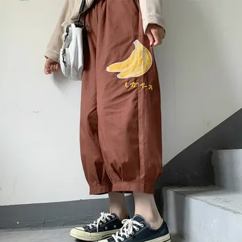 2 Colores Nuevos De Las Mujeres Japonesas Pantalones Kawaii Bordado De Plátano Amplia Pantalones De Pierna Hembra Suelta College Estilo De Pantalones Mujer