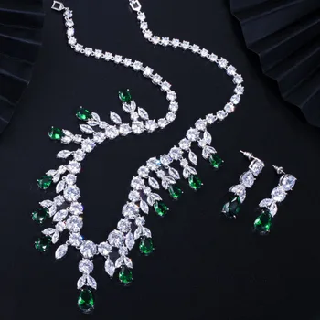 Bague Ringen de Lujo de Plata 925 Conjuntos de Joyas para las Mujeres Encantos del Collar de los Pendientes de Moda Gota de Agua en Forma de Circón Esmeralda Zafiro