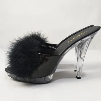 Zapatos de tacón de 13 cm sexy transparente único, de moda de la pluma de adorno, la etapa de paseo de mujer sandalias