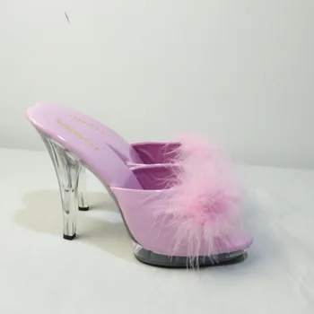 Zapatos de tacón de 13 cm sexy transparente único, de moda de la pluma de adorno, la etapa de paseo de mujer sandalias