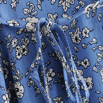 Lanbaiyijia más reciente de la Flor de impresión de las mujeres vestido de la Cruz Profunda V-cuello de manga corta de las Hojas Casual Vestido de verano Azul vestidos Mini S M L